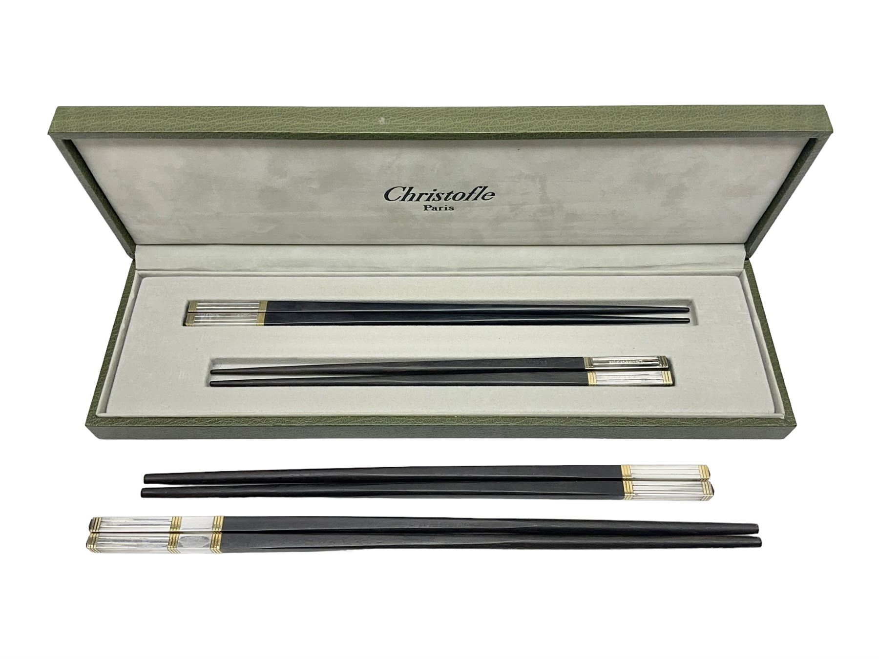 Set of eight silver plated ebony chopsticks by Christofle France, in presentation case