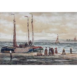 John Hamilton Glass (Scottish 1820-1885): Dutch Fishermen on the Shore, watercolour signed 24cm x 34cm; R Bayles (British 20th century): 'Morning Mists', watercolour signed titled and dated 1947, 14cm x 26cm (2)