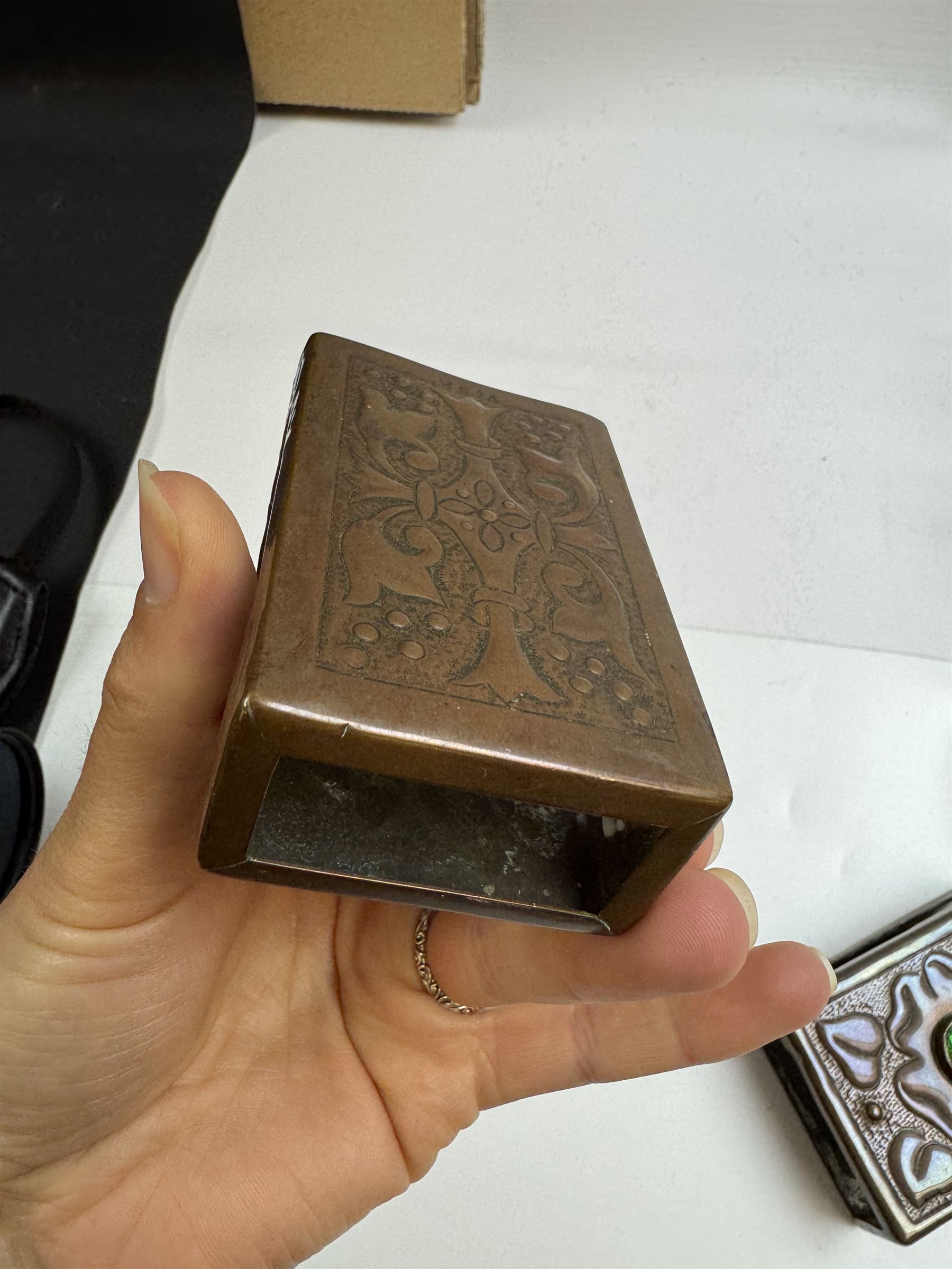 Two Keswick School of Industrial Arts, Arts & Crafts matchboxes, with with roundel to the centre, one stamped KSIA, H8cm  