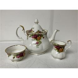 Royal Albert Old Country Roses pattern, tea service for six, comprising teapot, milk jug, open sucrier, dessert plates, teacups and saucers