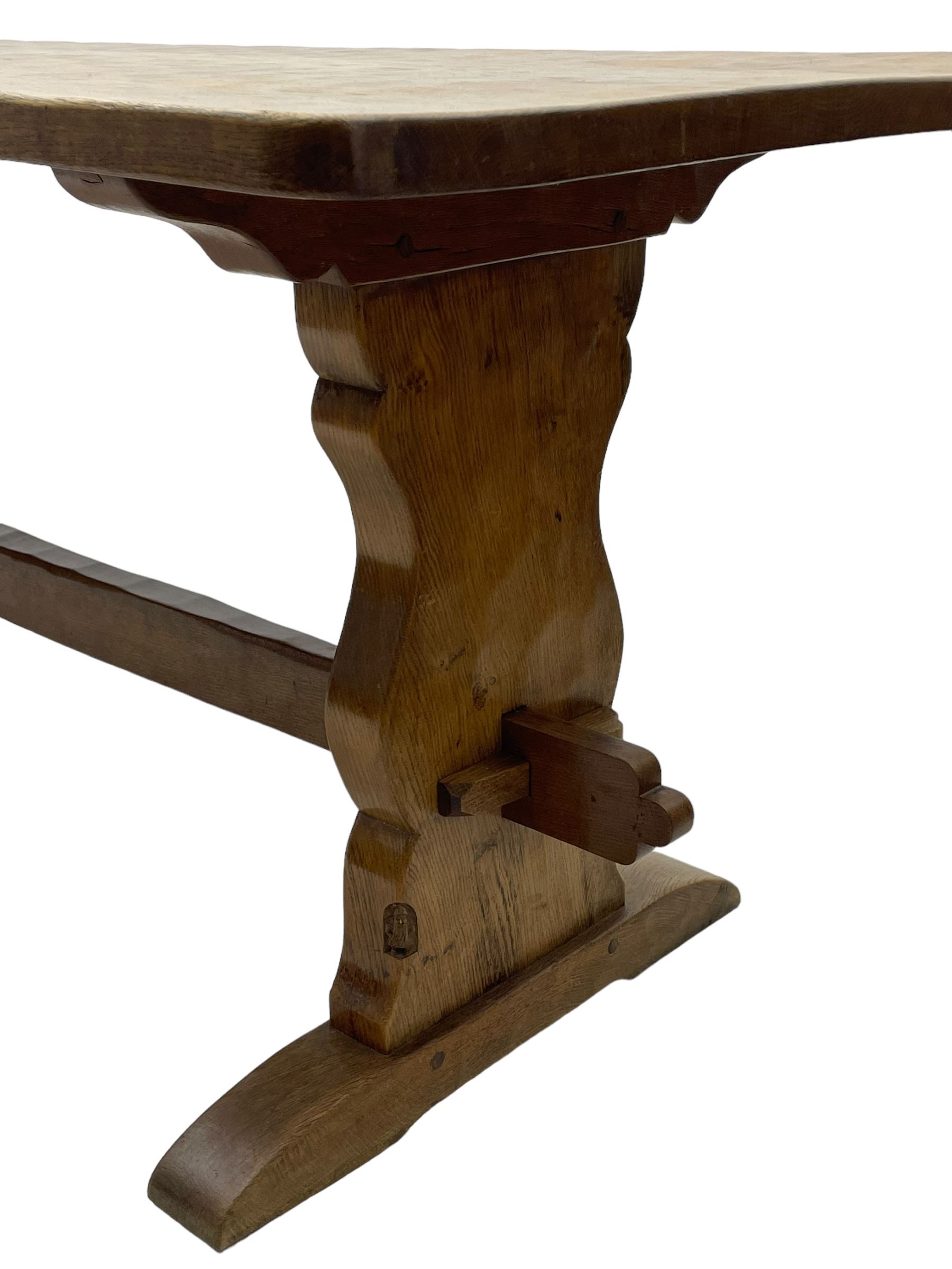 Gnomeman - oak dining table, rectangular adzed top, shaped end supports on sledge feet united by pegged stretcher, by Thomas Whittaker, Littlebeck, Whitby 