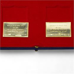 'Sir Winston Churchill Stamp Replicas' set of two hallmarked eighteen carat gold stamp replica ingots, total weight approximately 40.3 grams, cased with certificate and commemorative stamp cover