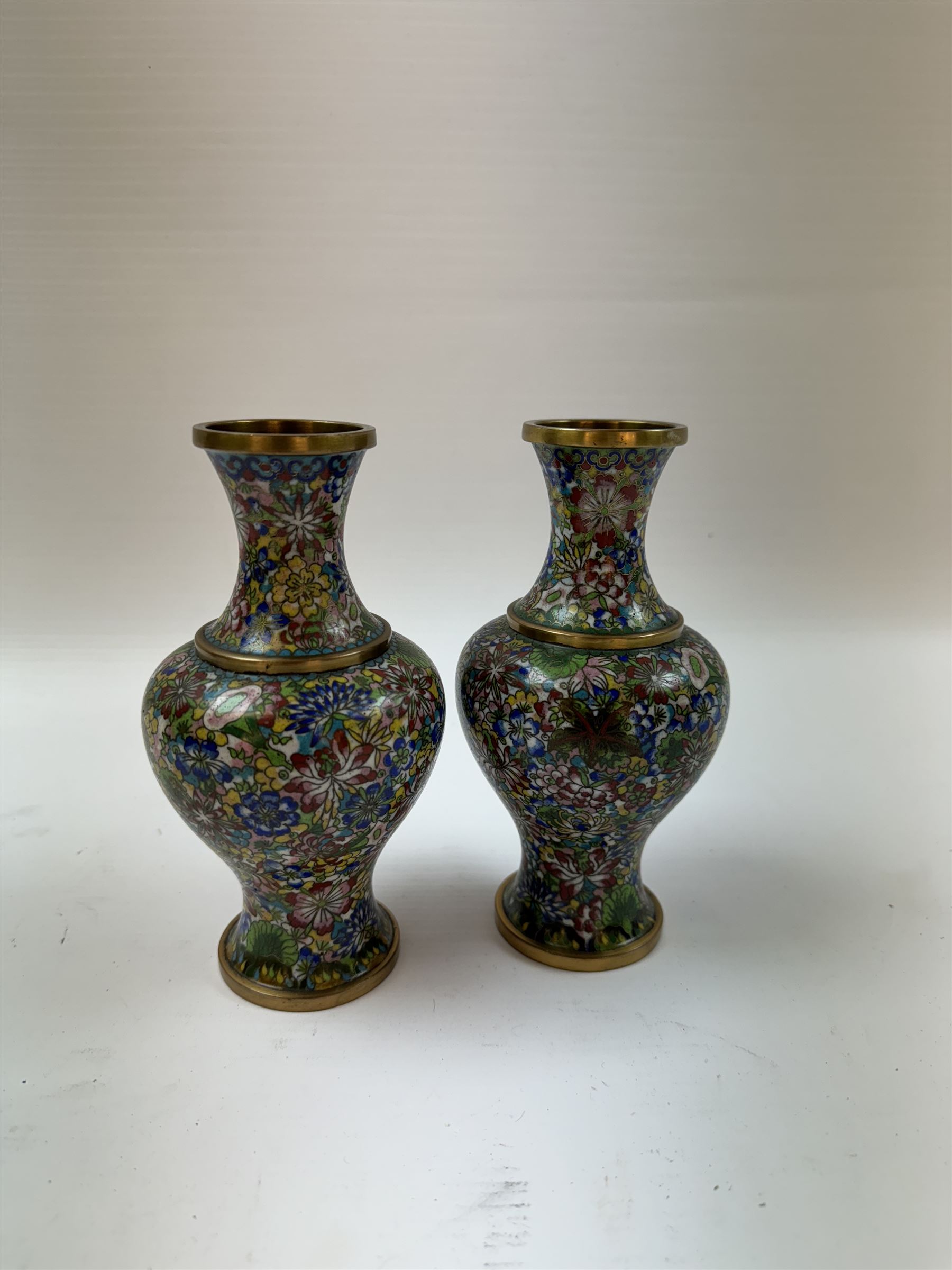 Pair of cloisonne vases of baluster form, decorated with flowers, H16cm