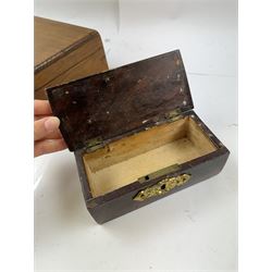 Group of wooden boxes and tins, including oak two compartment cigarette box, money tins, inlaid tea caddy, etc