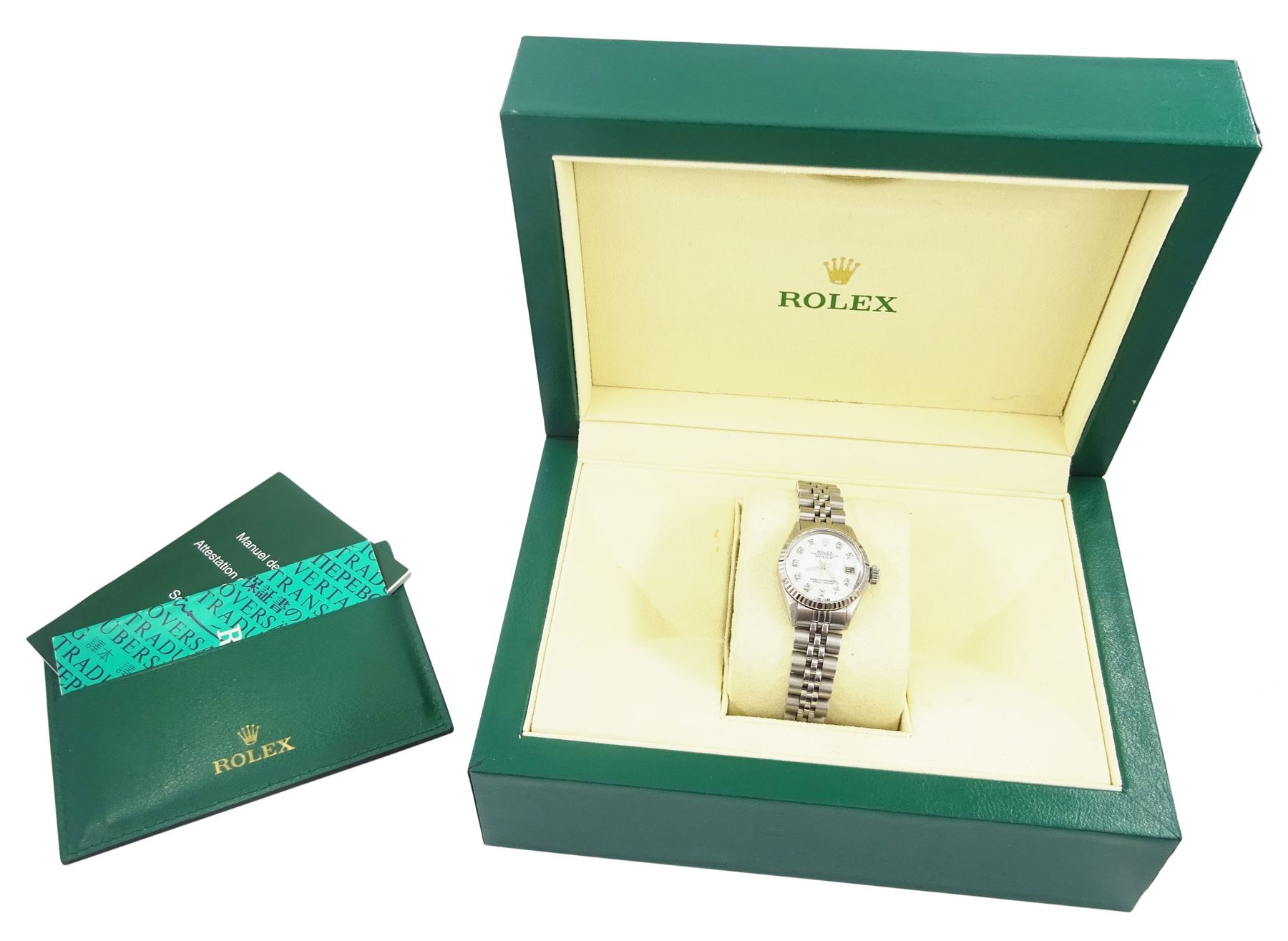 Rolex Oyster Perpetual Datejust ladies stainless steel automatic wristwatch, circa 1968, Ref. 6517, serial No. 1779561, mother of pearl dial with diamond dot hour markers, on stainless steel Jubilee bracelet, boxed