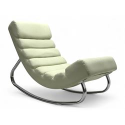 Cream leather modernist rocking chair, leather upholstery with horizontal channel stitchin...