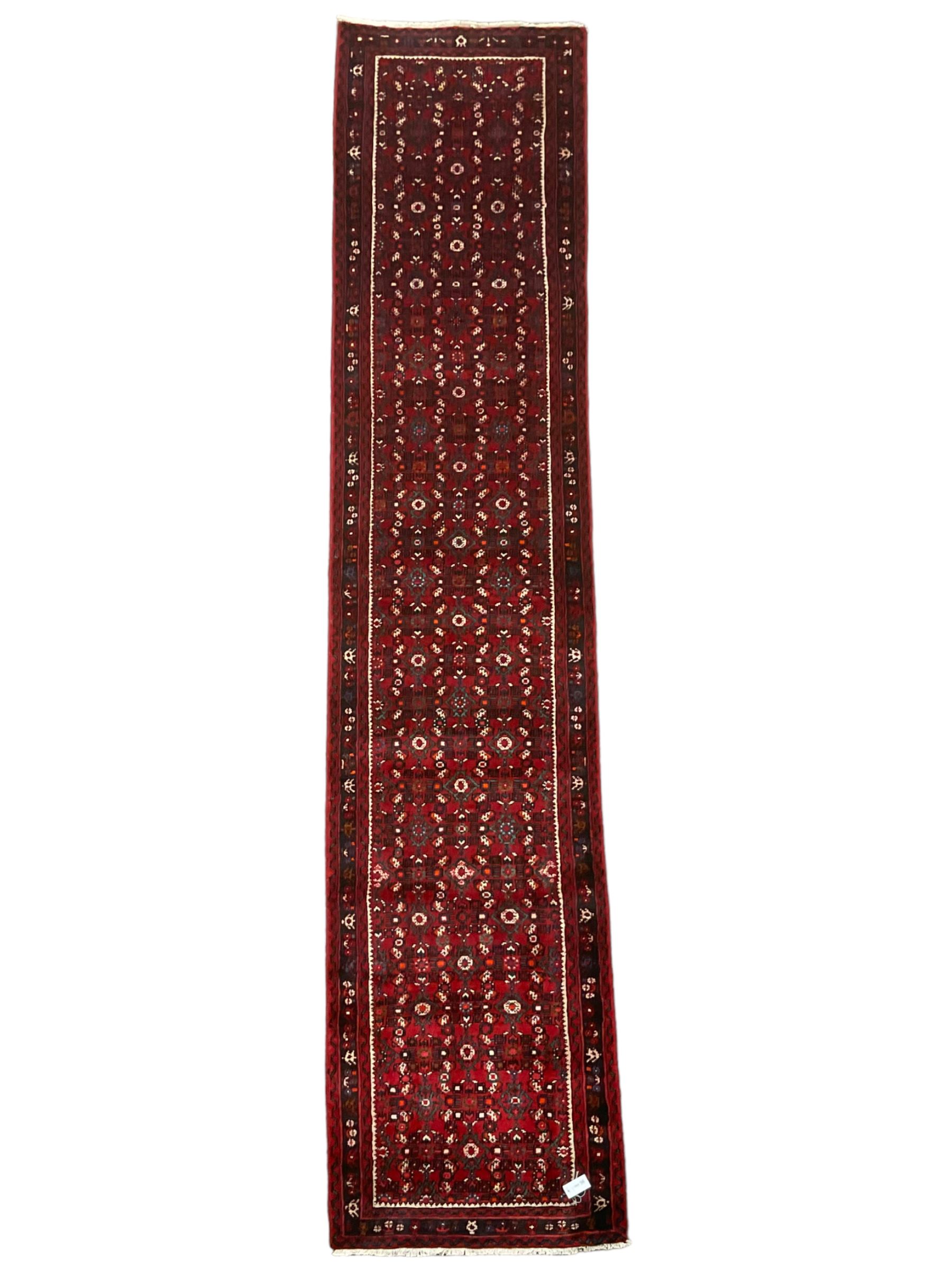 North West Persian Malayer runner, red ground field decorated with Herati motifs, guarded border decorated with trailing flowerhead band 