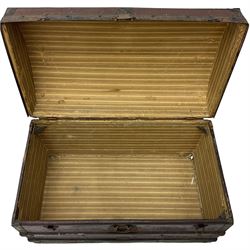 Late 19th to early 20th century leather and wood bound chest with metal fixtures 