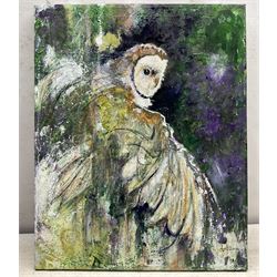 Ann Lamb (British 1955-): Tawny Owl, mixed media on canvas signed 51cm x 41cm (unframed)