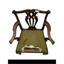 George III  elm and walnut elbow chair, shaped cresting rail over pierced and interlaced splat back, upholstered drop-in seat, on acanthus carved cabriole supports with ball and claw feet 