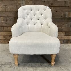 Armchair upholstered in button back linen fabric