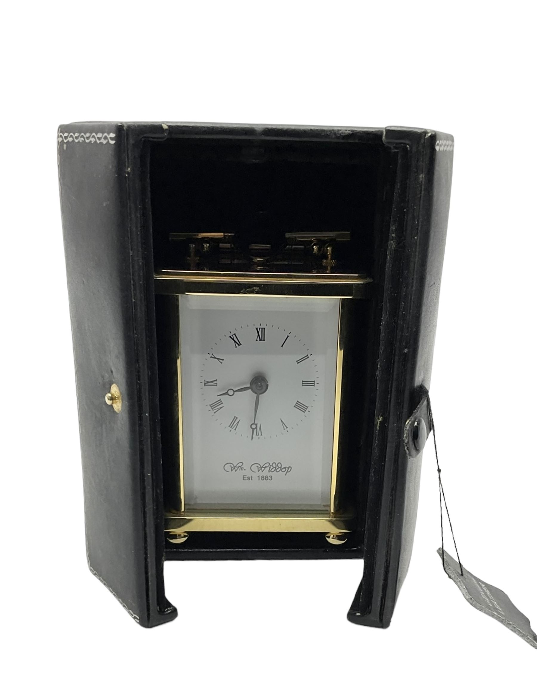 William Widdop - 20th century 8-day  brass cased carriage clock with an enamel dial, Roman numerals, minute track and steel moon hands, single train timepiece movement with a lever platform escapement, housed in a bespoke leather case, with key. 