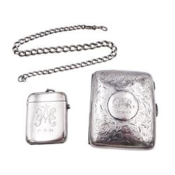 1920's silver cigarette case, of rectangular form, with engraved scroll decoration and later applied engraved circular central panel, hallmarked W H Haseler Ltd, Birmingham 1920, together with an early 20th century silver vesta case, of typical form, engraved with monogram with push button release cover, hallmarked Horace Woodward & Co, Birmingham 1905, and a tapering silver watch chain with clip, hallmarked on clip and with lion passant to each link, approximate total weight 5.5 ozt (171.6 grams)
