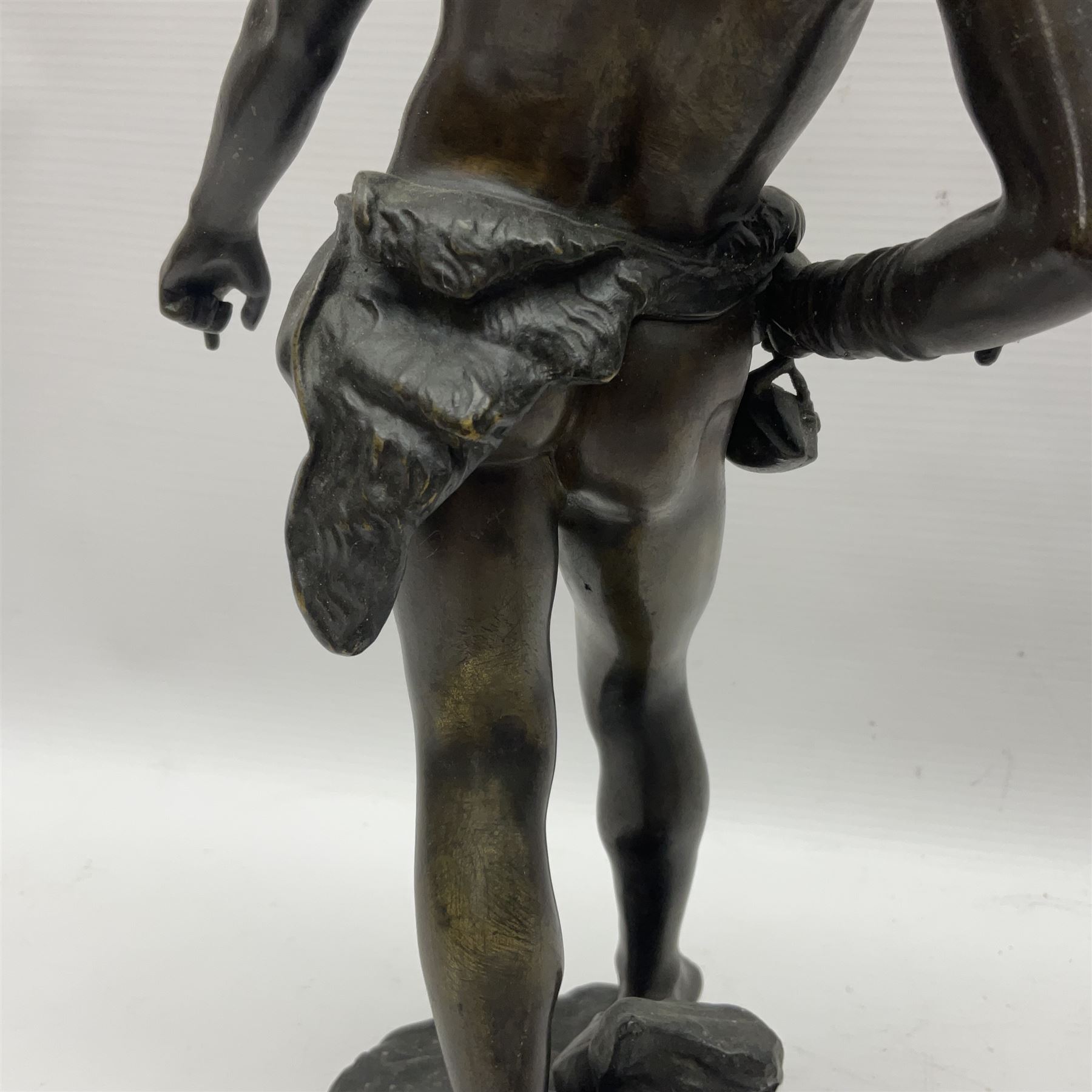 After Auguste Moreau, bronzed figure of David, with plaque inscribed 'Prix de Mr Le Perfet de Police Roques', H35cm 