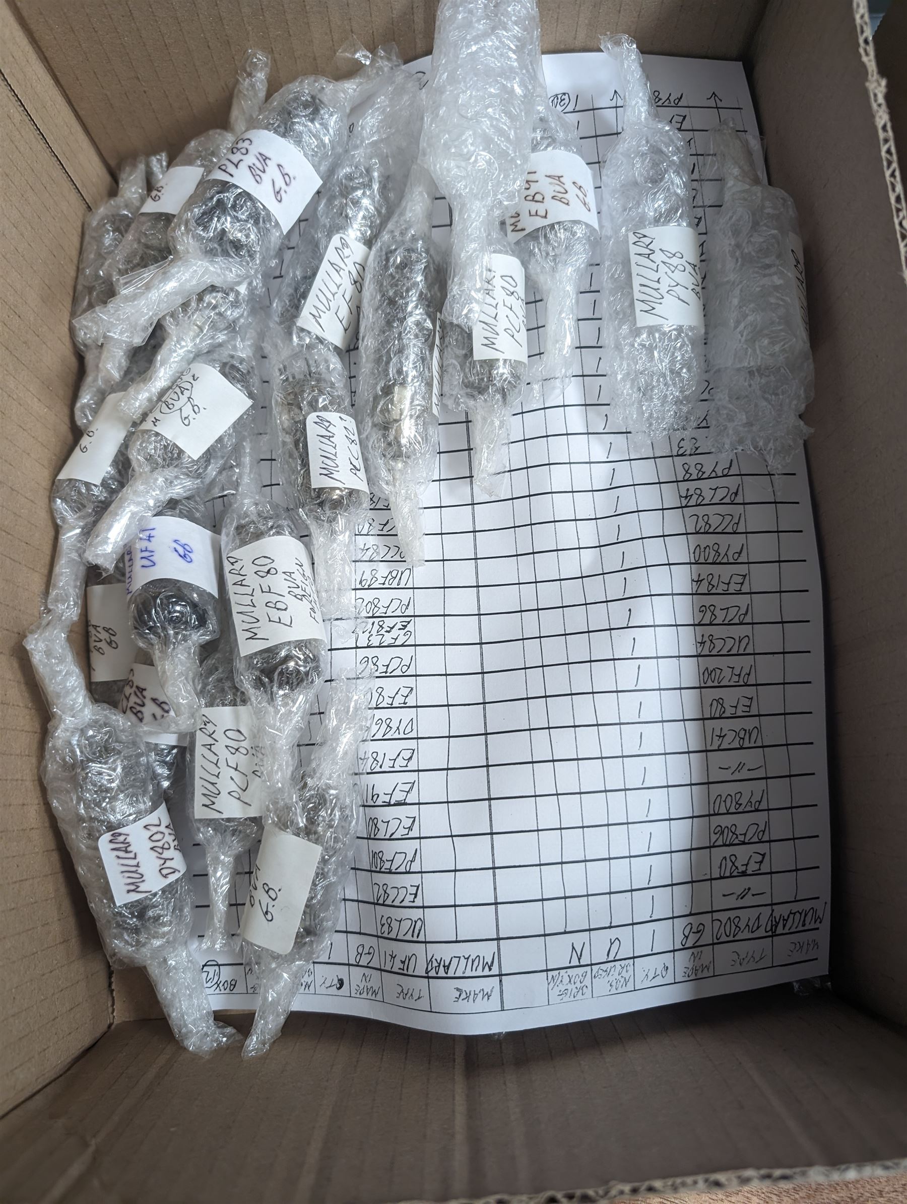 Large collection of Mullard thermionic radio valves/vacuum tubes, including boxed examples and bubble wrapped examples identified with lists