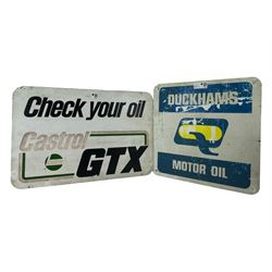 Vintage Shell Petroleum Sprit petrol fuel can, 'Duckhams Motor Oil' vintage metal sign and another for Castrol GTX 'Check Your Oil', W68.5cm (3)