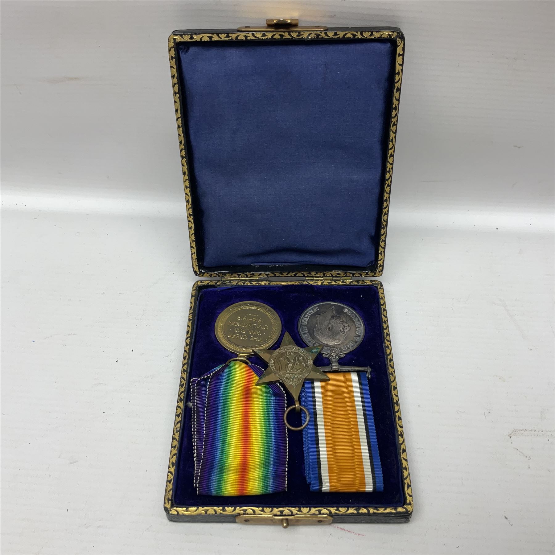 WWI pair of medals comprising British War Medal and Victory Medal awarded to 12-1379 Pte. H. Marshall York and Lanc. R.; both with ribbons in display case; and WWII 1939-1945 Star