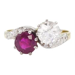 Early 20th century gold old cut diamond and ruby crossover ring, with diamond set shoulders, stamped 18ct, diamond approx 0.70 carat, ruby approx 0.75 carat