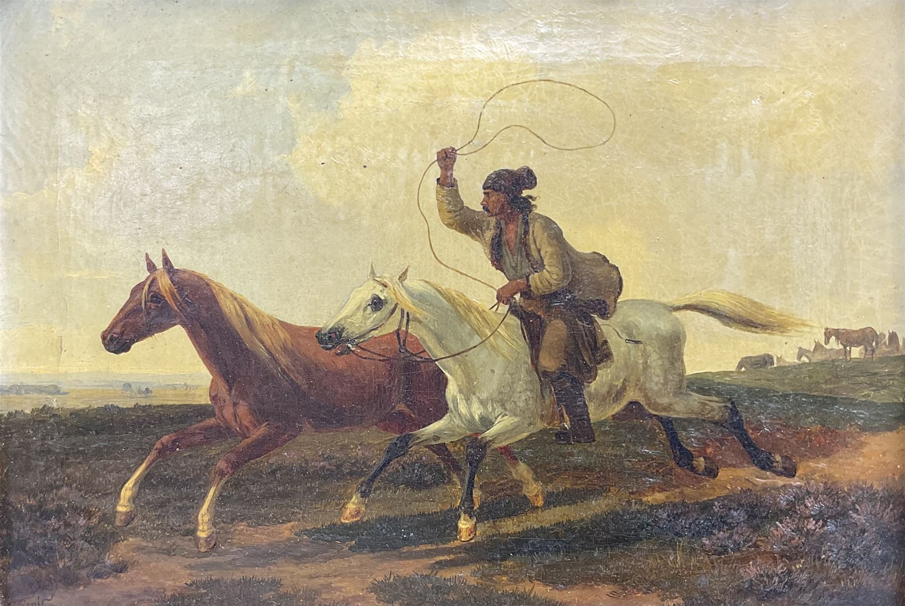 F Smith (British 19th century): Mexican Cowboy Lassoing Wild Horse, oil on canvas signed 20cm x 27cm