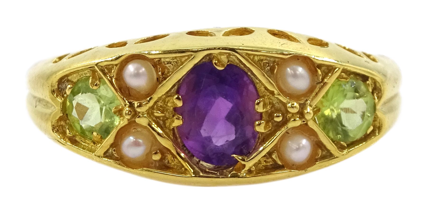 Silver-gilt amethyst, peridot and pearl ring, stamped Sil