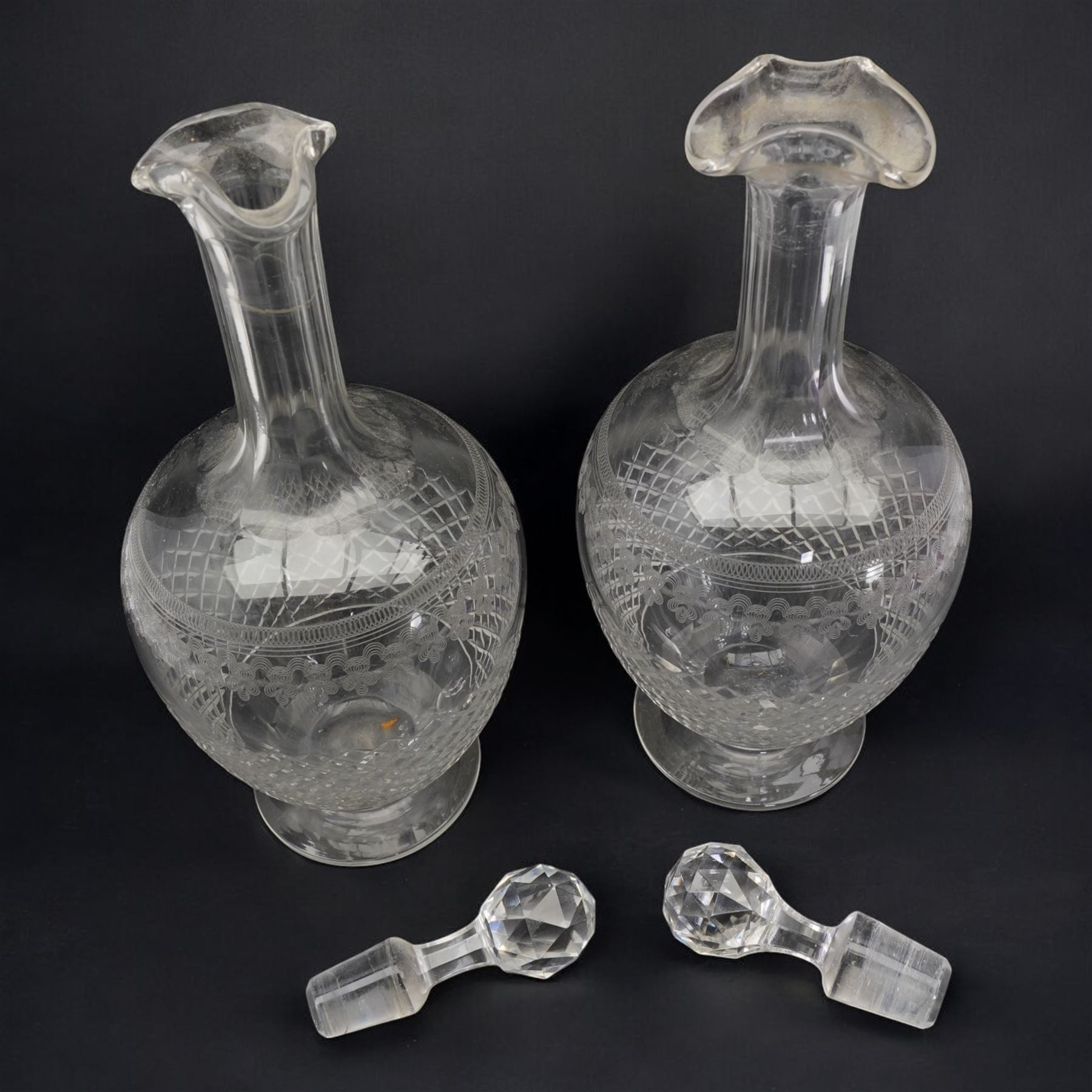 Pair Victorian cut and etched decanters, H30cm