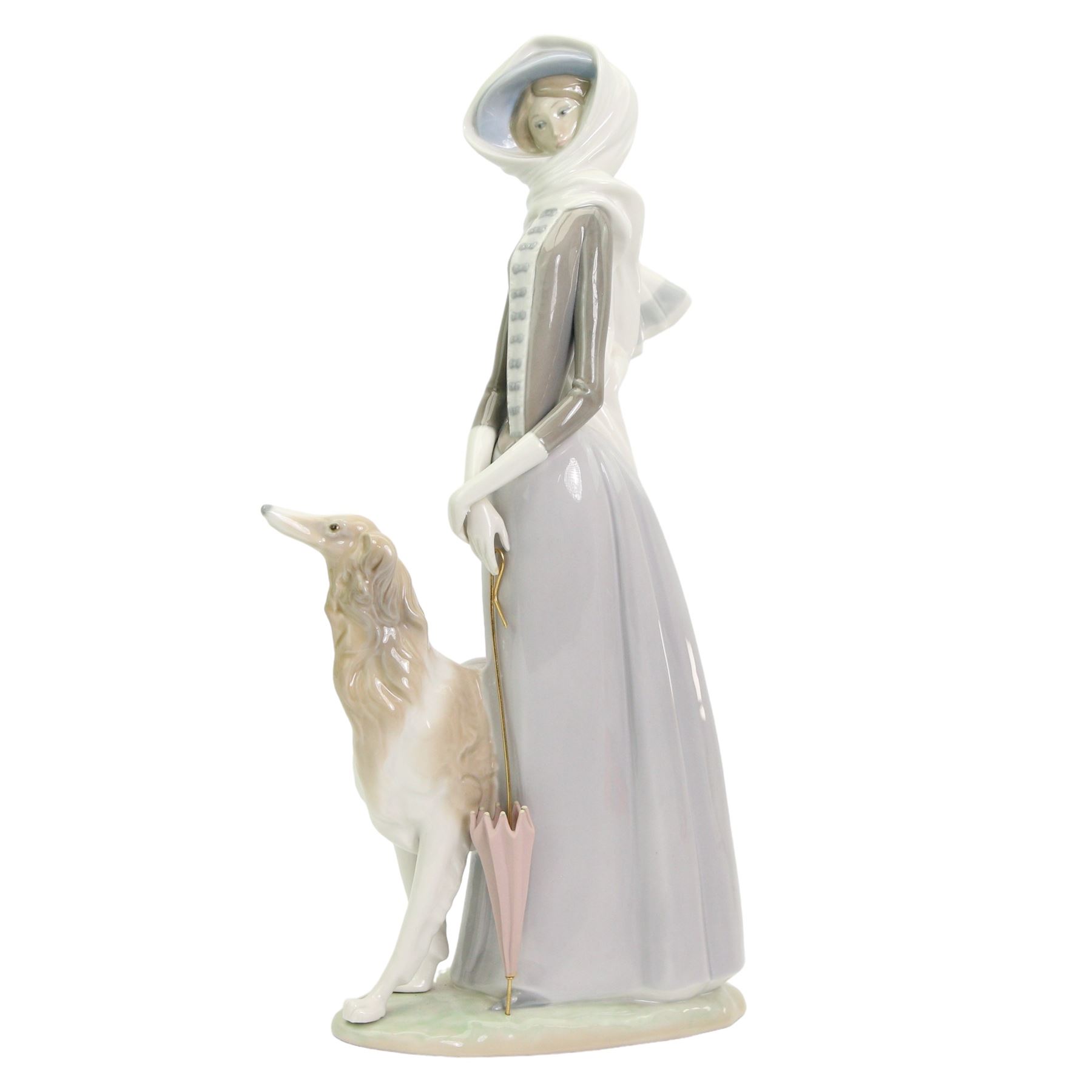 Large Lladro figure of a lady with a Borzoi and holding a parasol H39cm