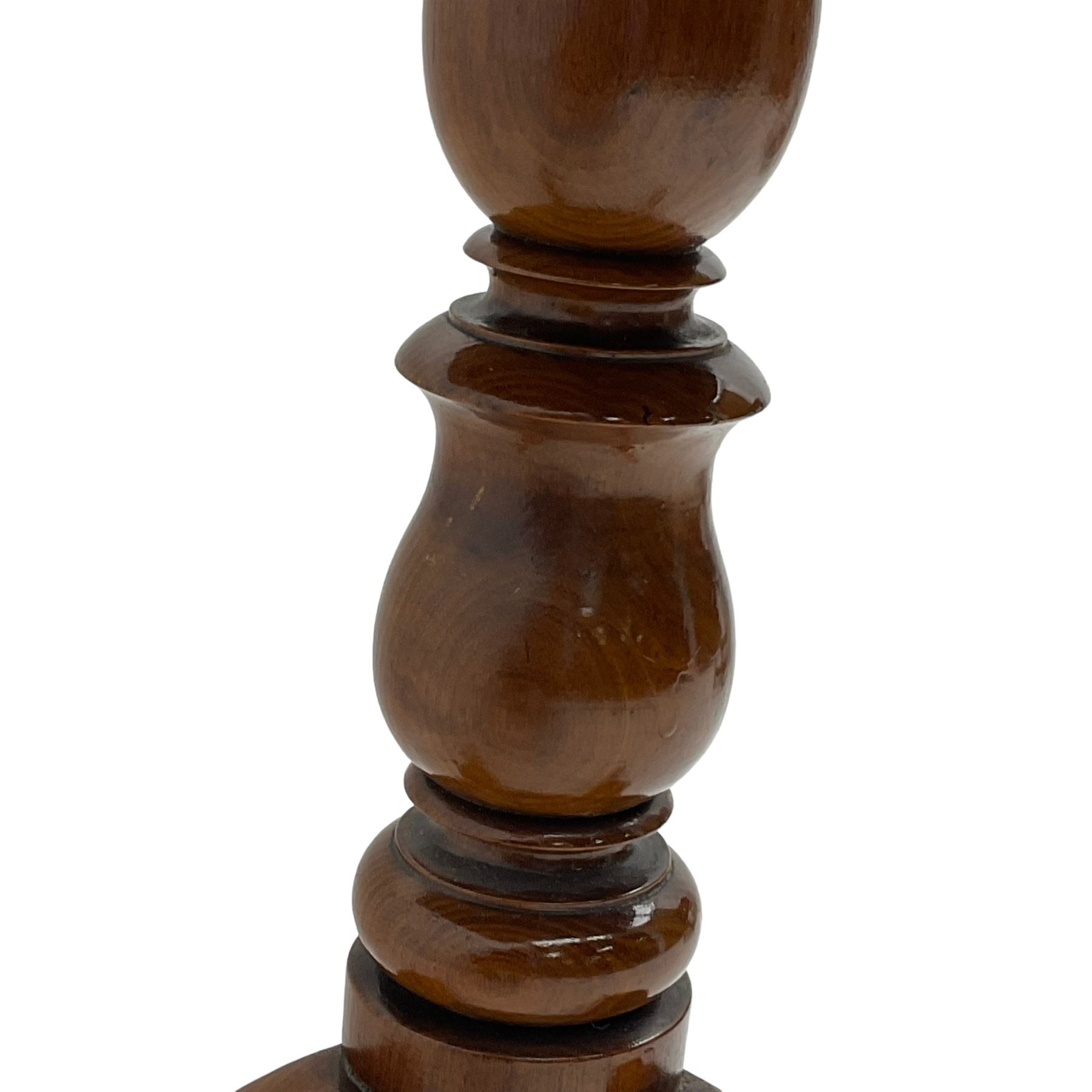 19th century elm tripod table, rectangular tilt-top on turned pedestal with three splayed supports 