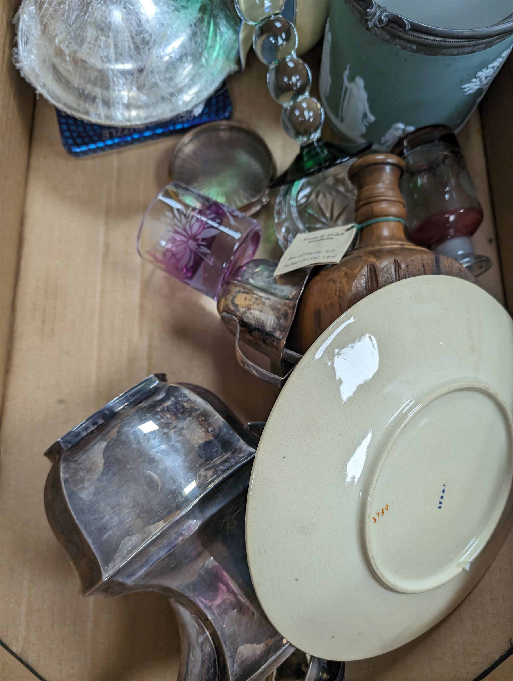 Silver plate coffee pot and sugar bowl, heavy glass vases, Napoleon bust, Pendelfins, and a collection of other ceramics, glassware and collectables, in three boxes 