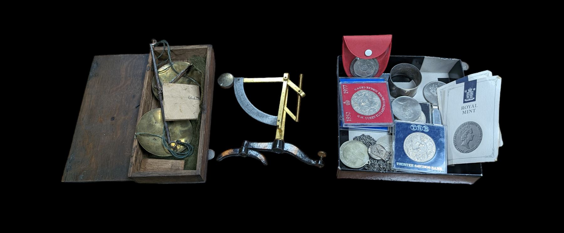 Set of German brass pocket scales, commemorative coins and other collectables