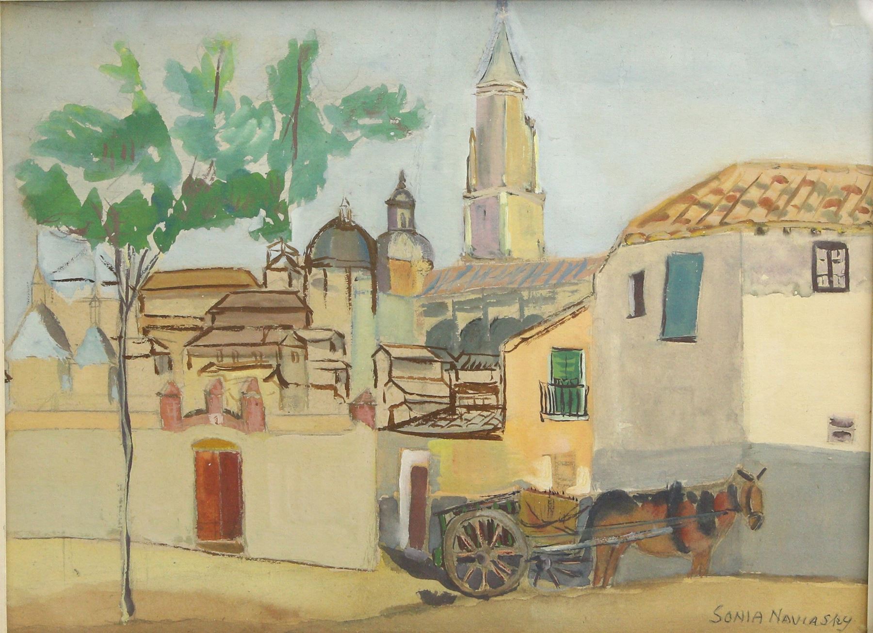 Philip Naviasky (Northern British 1894-1983) and Sonia Naviasky (British 1934-2018): Donkey and Cart in Continental Town, watercolour signed, inscribed verso 28cm x 37cm 