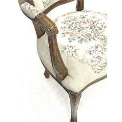 *Beech framed French style open armchair upholstered in tapestry fabric, W59cm