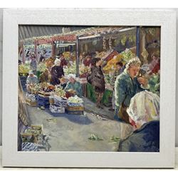 Catherine Tyler (British 1949-): 'Open Market Brighton', oil on panel signed and dated '93, titled verso 42cm x 47cm