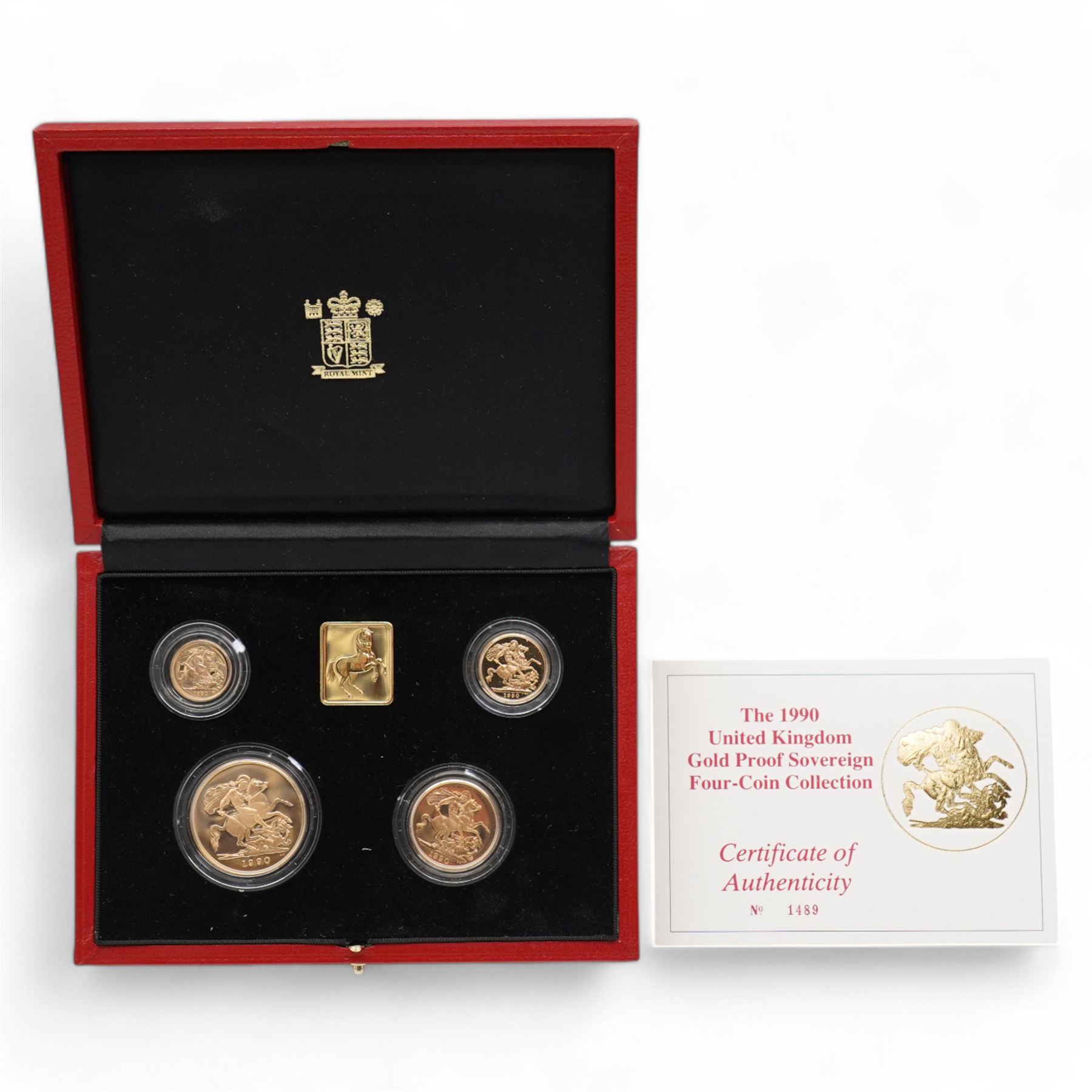 Queen Elizabeth II 1990 gold proof sovereign four coin collection, comprising half sovereign, sovereign, double sovereign and five pounds, cased with certificate