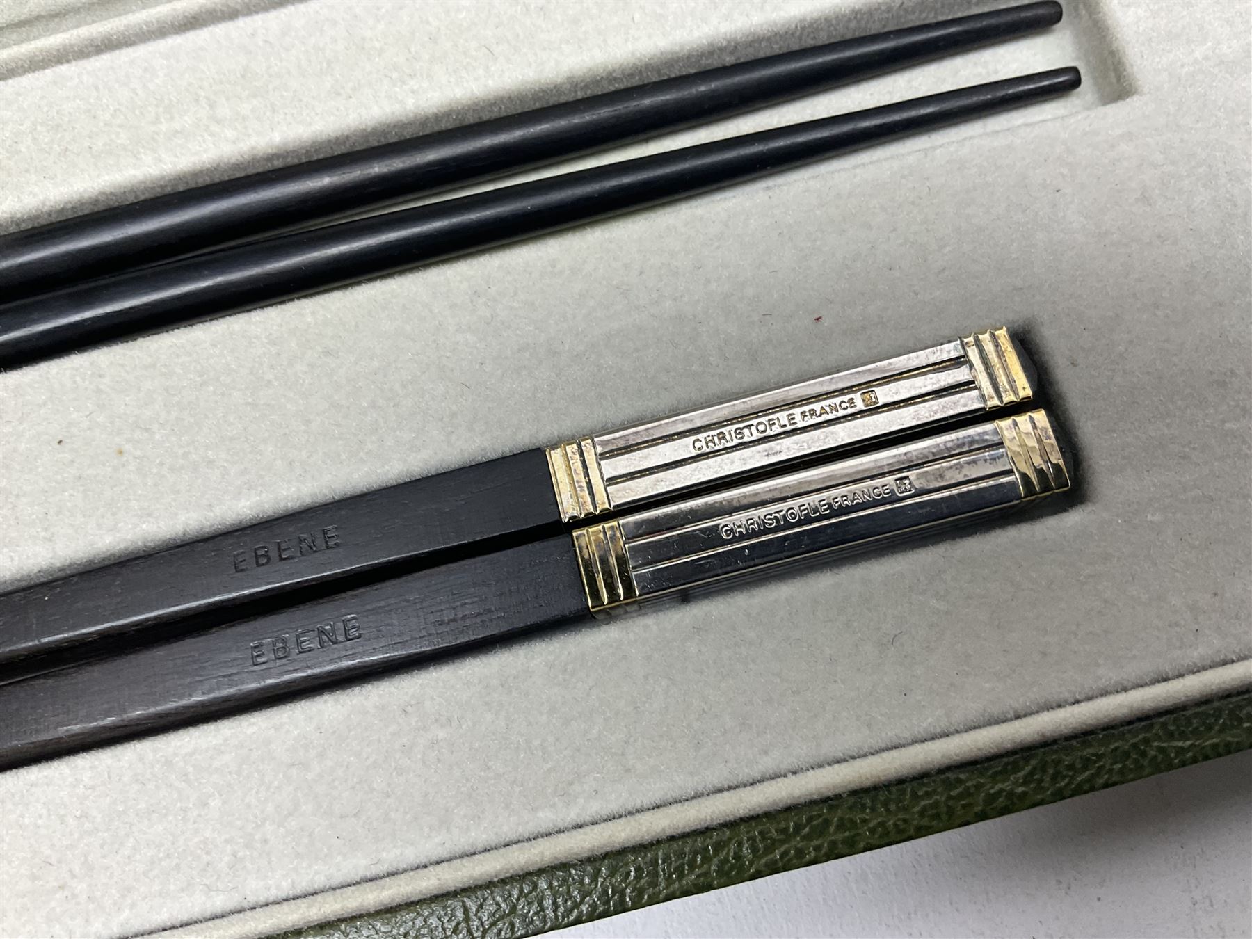 Set of eight silver plated ebony chopsticks by Christofle France, in presentation case