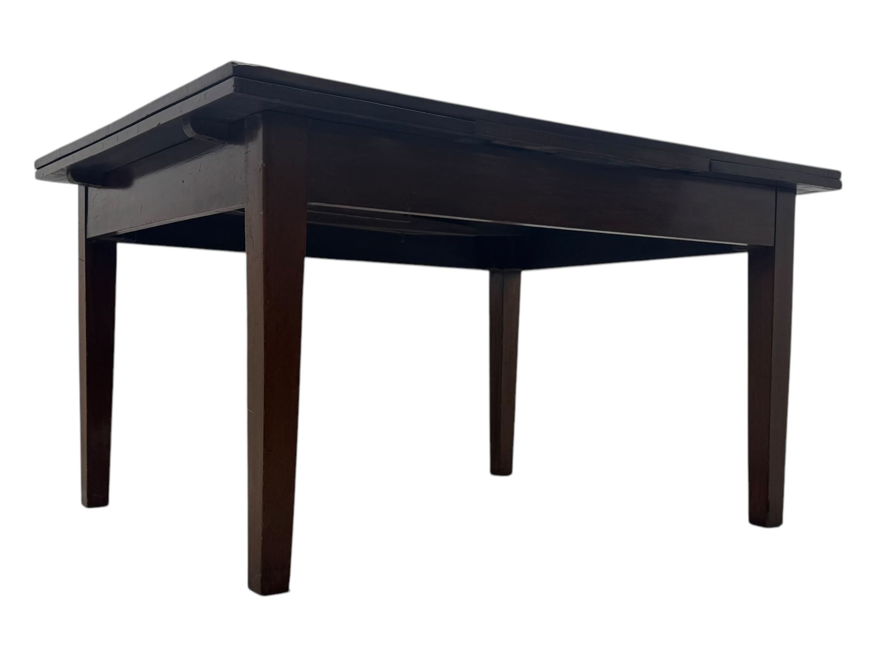 Mid-20th century mahogany dining table, draw-leaf extending action, on square tapering supports