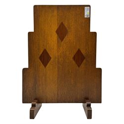 Early 20th century circa. 1930s oak fire screen, stepped rectangular form inlaid with loze...