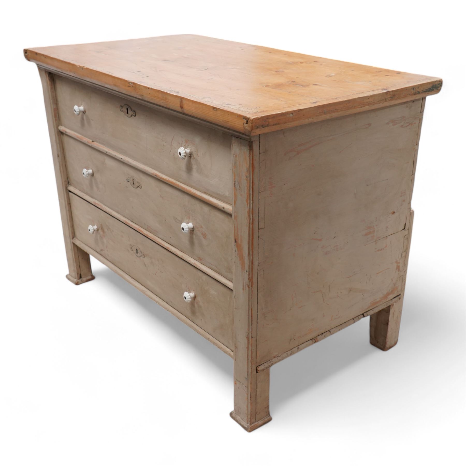 Painted pine mule chest, hinged lid over two false drawers and single bottom drawer, in grey paint and wax finish