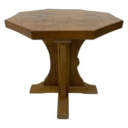 Mouseman - oak occasional table, octagonal adzed top, cruciform pedestal on sledge feet, carved with mouse signature, by the workshop of Robert Thompson, Kilburn 