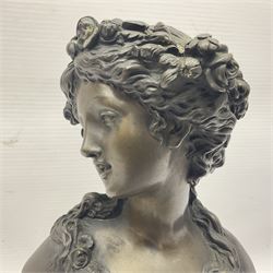 Bronze bust, modelled as a maiden in classical drapery and adorned with floral swags, upon a fluted socle base, overall H23.5cm