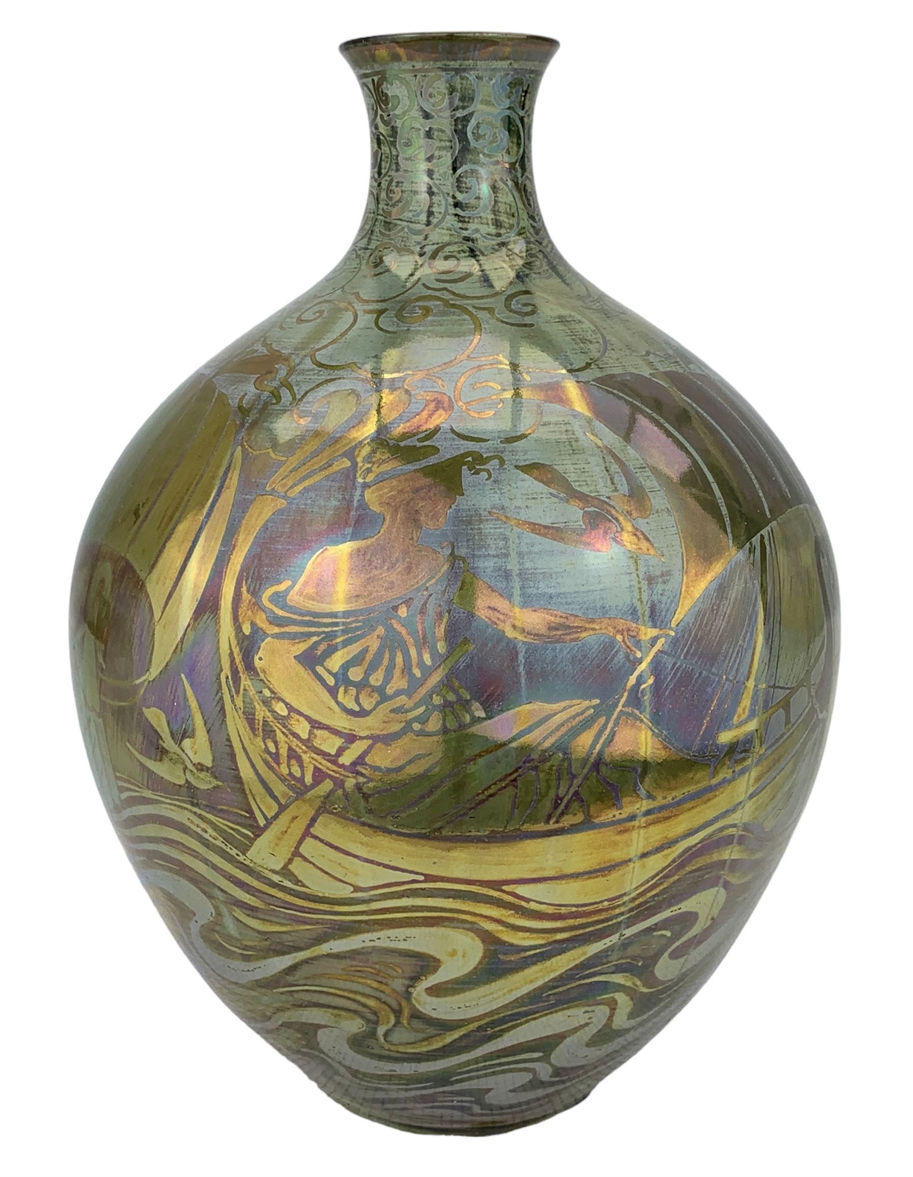 Pilkington's Royal Lancastrian Sea Maiden vase, by Walter Crane and William Slater Mycock, on a blue ground, impressed mark 1905-1913, cyphers for Walter Crane and William Slater Mycock, no 2472, H25.5cm (restored)