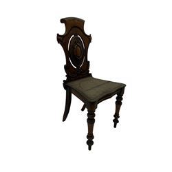 Victorian oak hall chair with scroll carved and pierced back, shaped seat and turned front supports