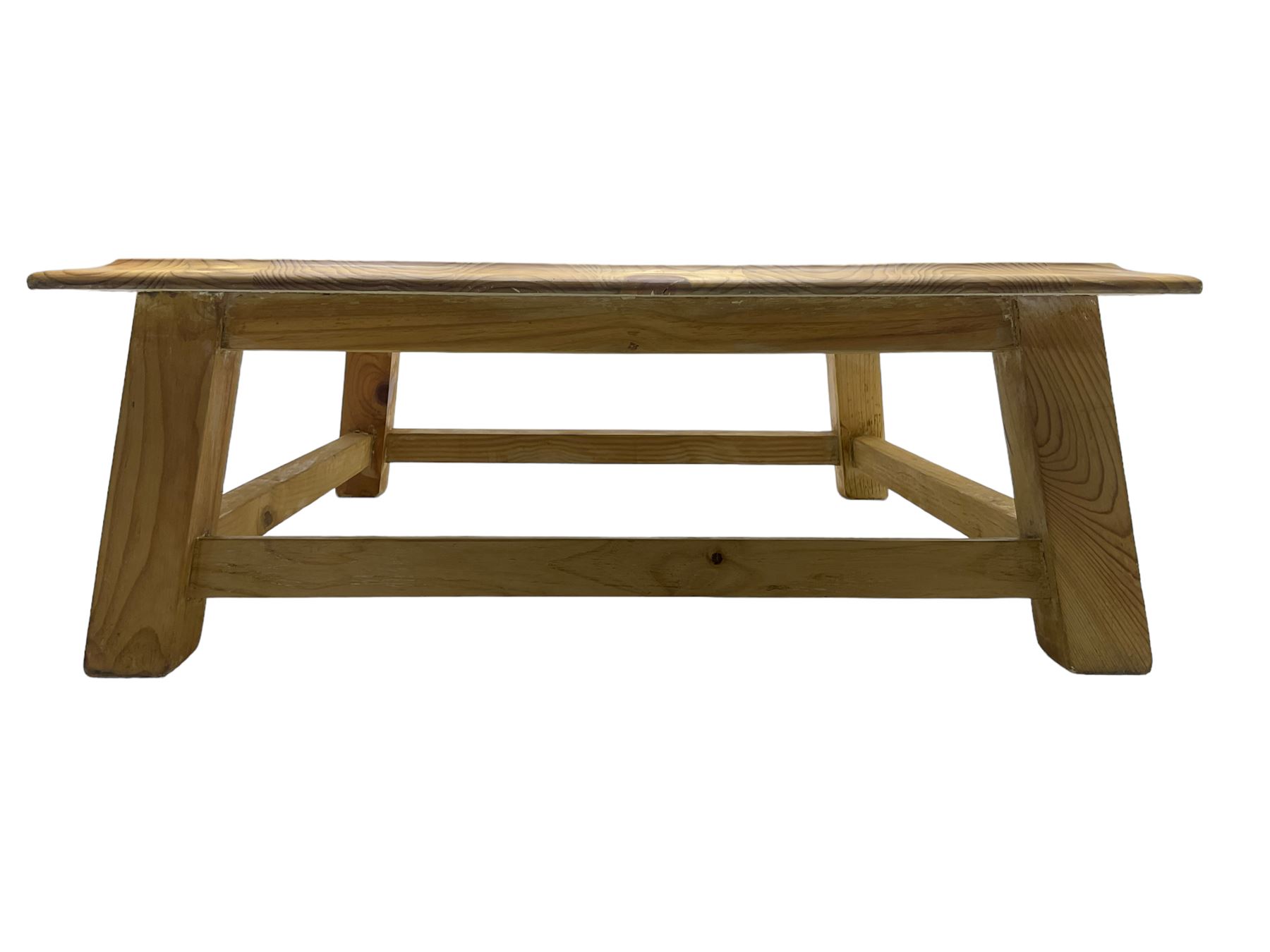 Pine coffee table, moulded top square top raised on splayed supports united by box stretchers 