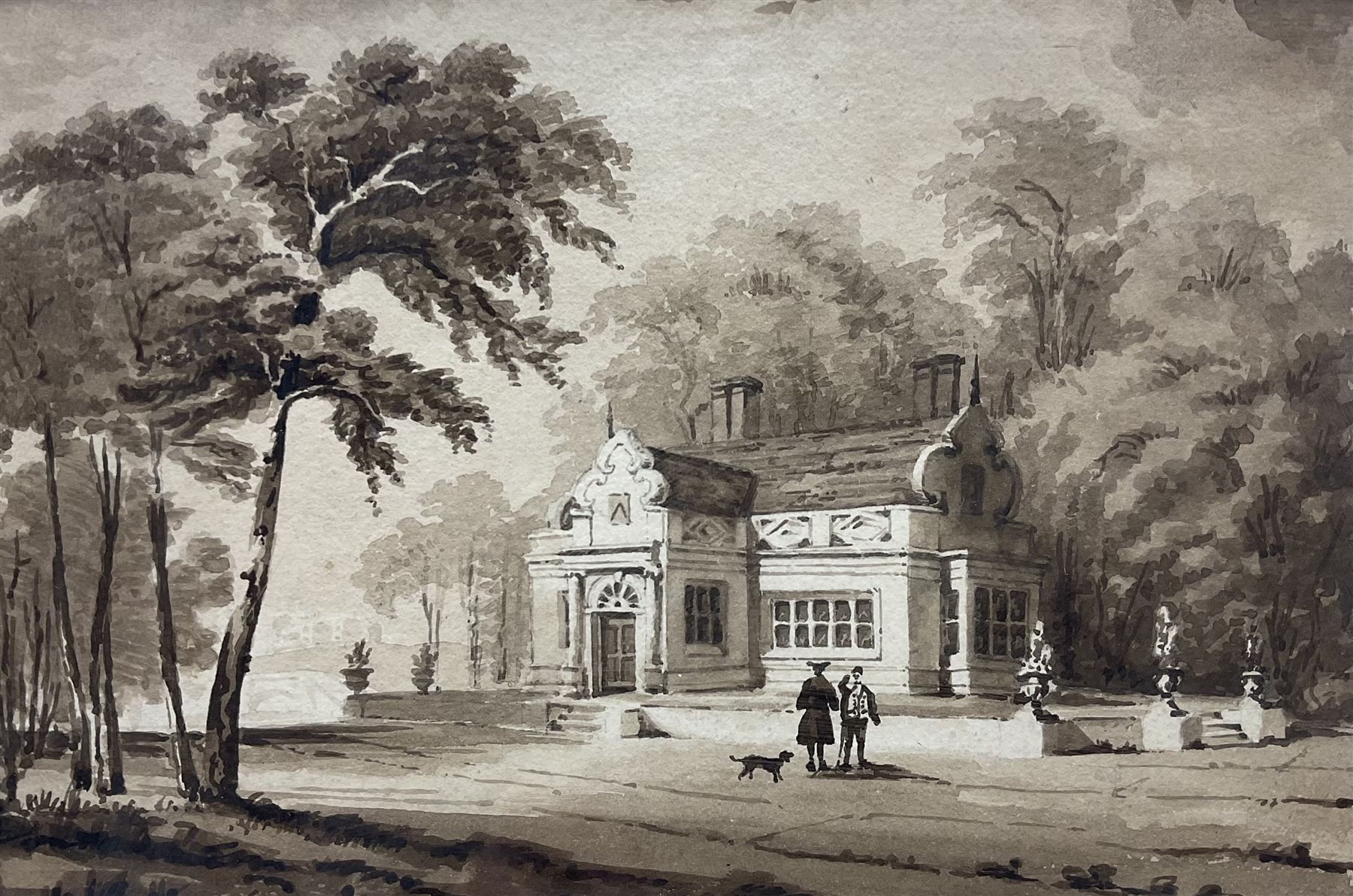 English School (19th century): ‘Design for a Maison de Campaigne’, sepia watercolour unsigned, titled and signed with initials HG with an architectural drawing verso 14cm x 21cm