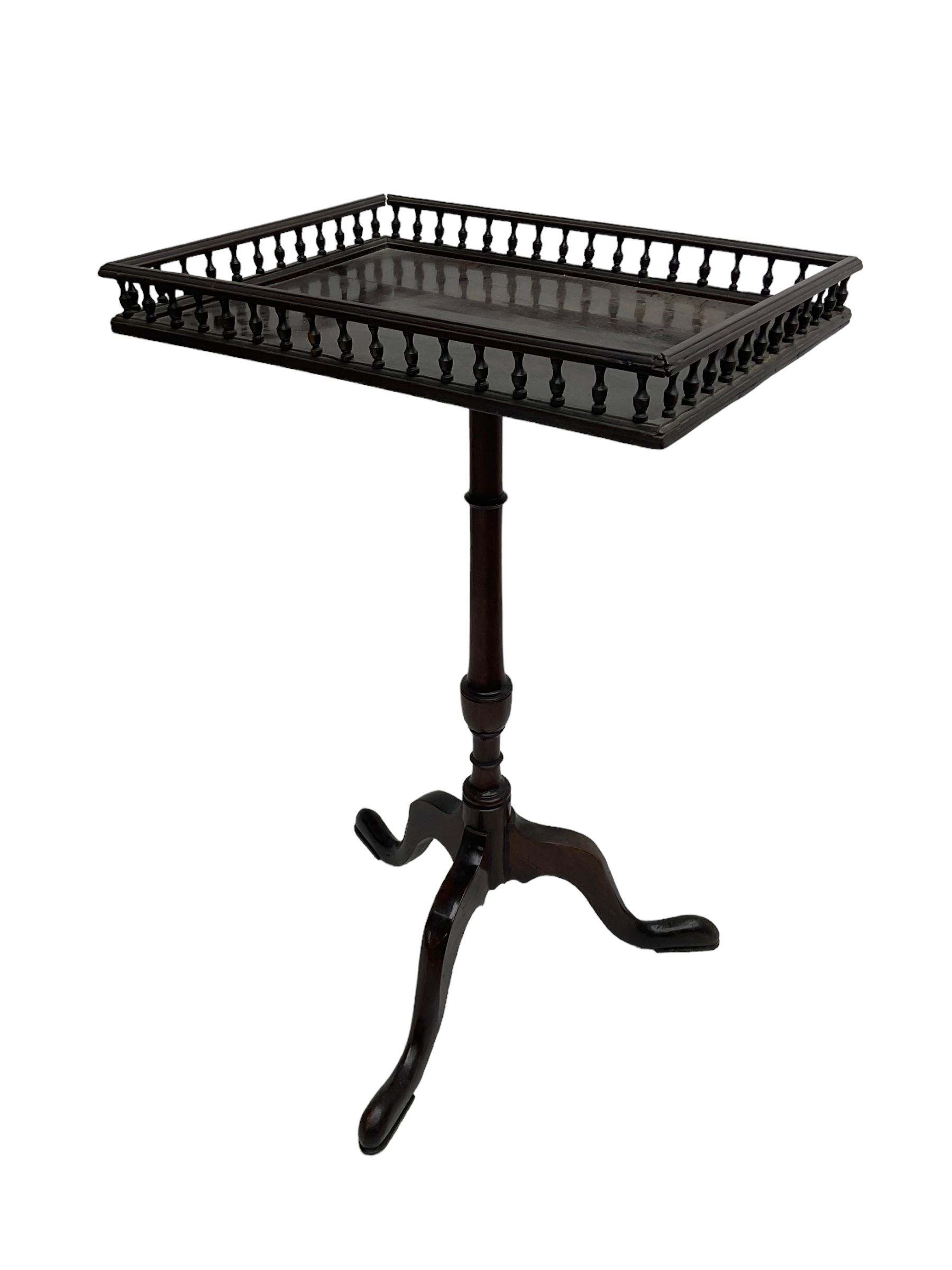 George III mahogany tripod table, rectangular galleried top on turned stem, three splayed supports