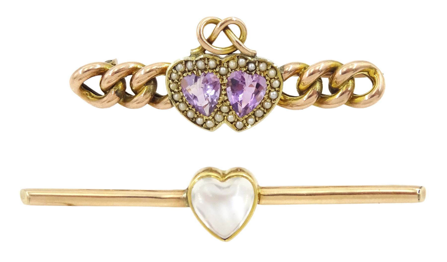 Early 20th century 14ct gold heart cut moonstone brooch and a rose gold amethyst and seed pearl double heart and curb link brooch, stamped 9ct