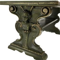 Italian design coffee table in green marbled finish, moulded rectangular top over shaped end supports mounted by putti caryatids and scrolls, stepped and moulded sledge feet