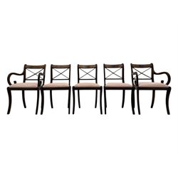 Set of ten (8+2) Regency design mahogany and brass inlaid dining chairs, bar cresting rail over x-framed back, upholstered drop-in seats, moulded frame and sabre supports 