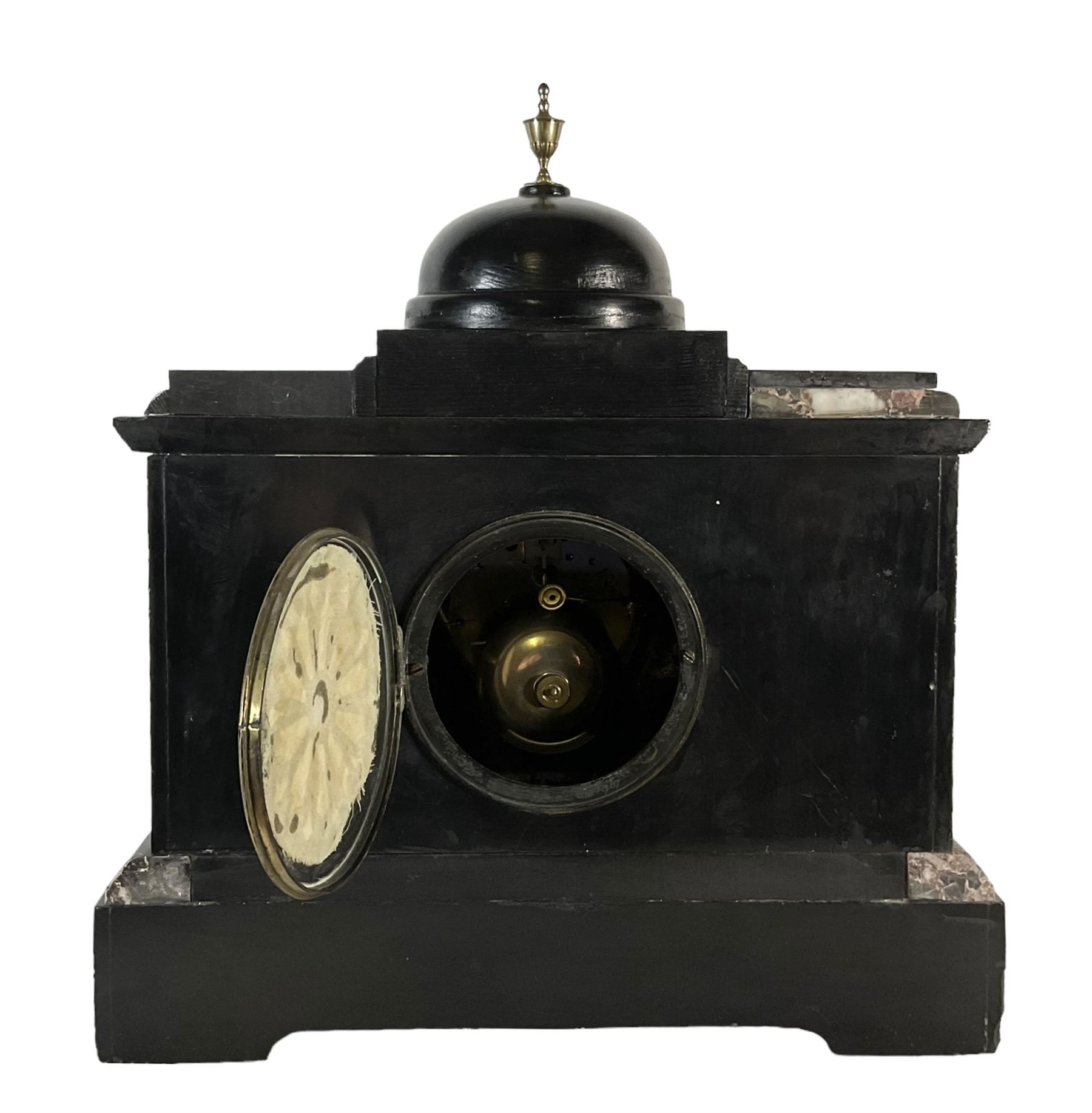 J.W. Benson of London -  8-day Belgium slate mantle clock c1880, stepped top with a central dome and brass finial, break front case with reeded columns and capitals, on a broad plinth with variegated marble and incised gilt decoration, conforming slate dial with contrasting gilt Roman numerals and brass hands, twin train striking movement, striking the hours and half-hours on a bell. With pendulum.