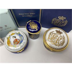 Five Halcyon Days Royal commemorative enamel boxes and one other similar enamel box, including two gilt examples depicting the Queen and Prince Philip in profile, to commemorate their 80th ad 85th birthdays respectively, all boxed, largest D6.5cm