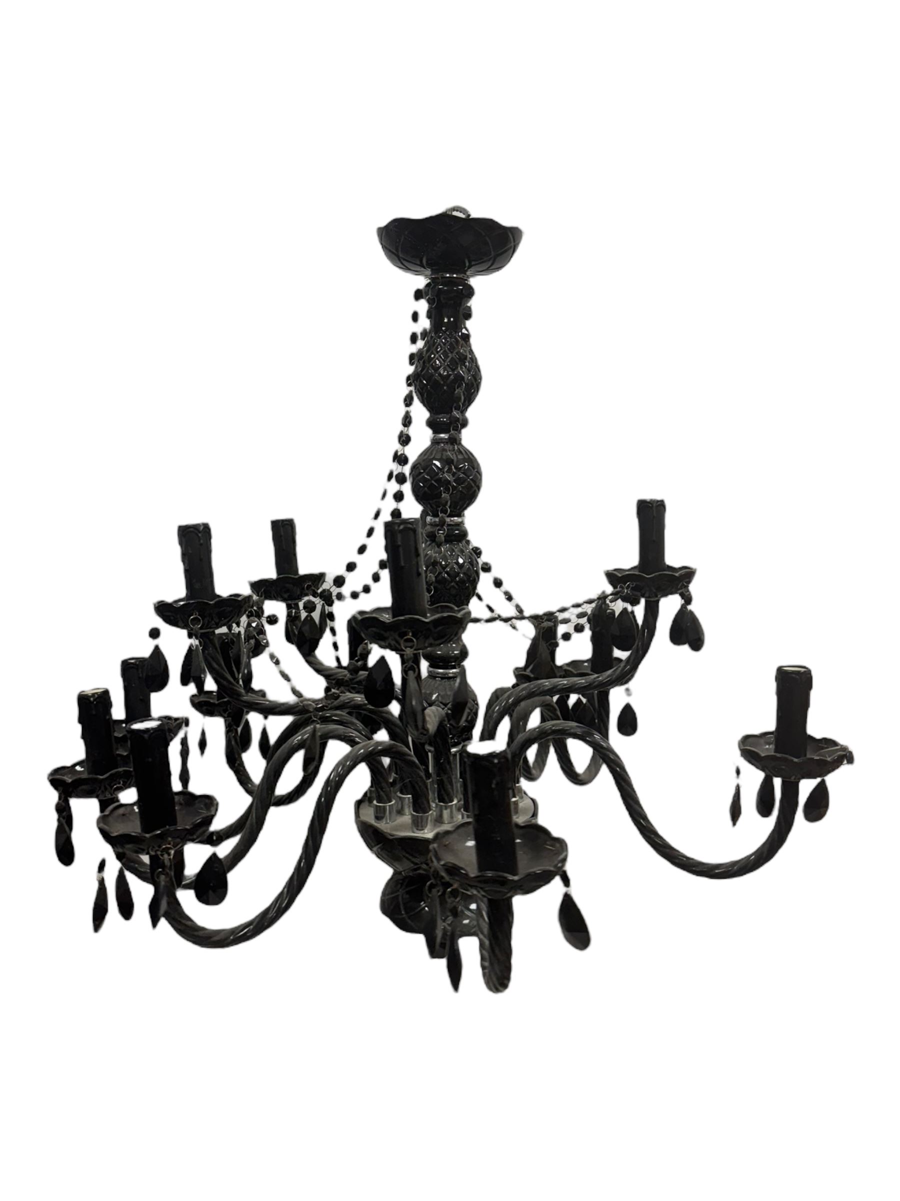 Two classical black glass fourteen branch chandeliers